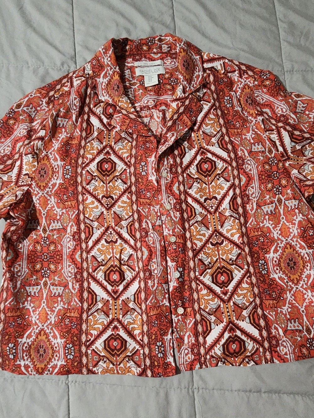 Rachel Zoe Orange and White Geometric Print Button-Down Shirt